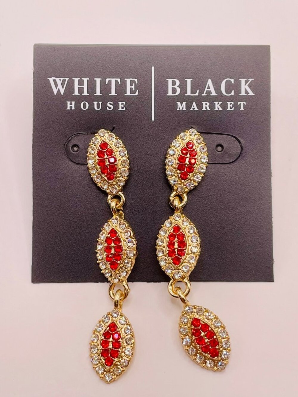New White House Black Market Gold-Tone Red & Clear Crystal Drop Earrings -28B